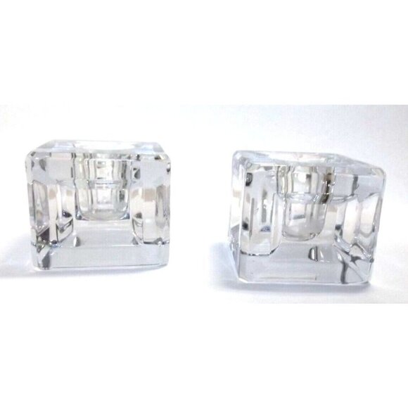 2 Vintage Clear Glass Solid Block Taper Candle Holders Indented Sides Unsigned - Picture 2 of 6